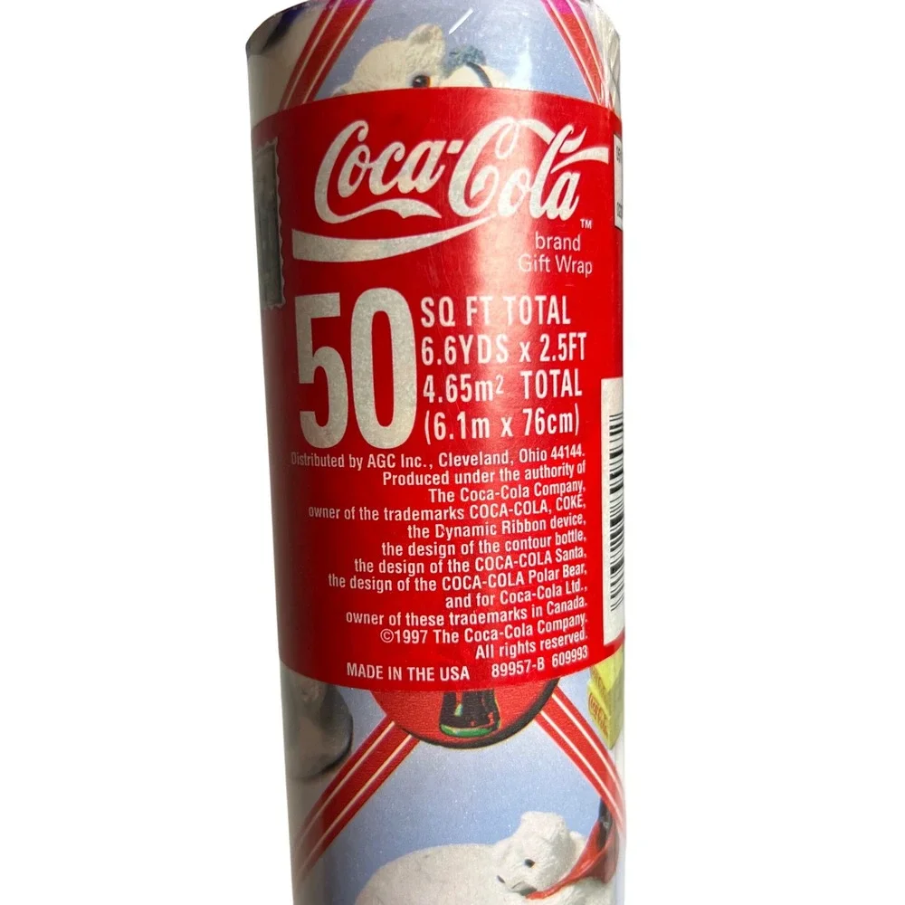 Vintage 1997 Coca-Cola Polar Bear Christmas Wrapping Paper 50 Sq‎ Ft Gift Wrap